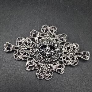 1928 Brand Faux Marcasite Filigree Brooch Silver Tone Vintage